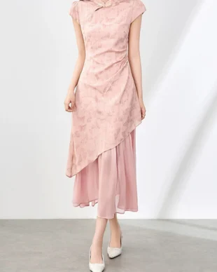 Waist-Cinching Pleated Butterfly Jacquard Dress