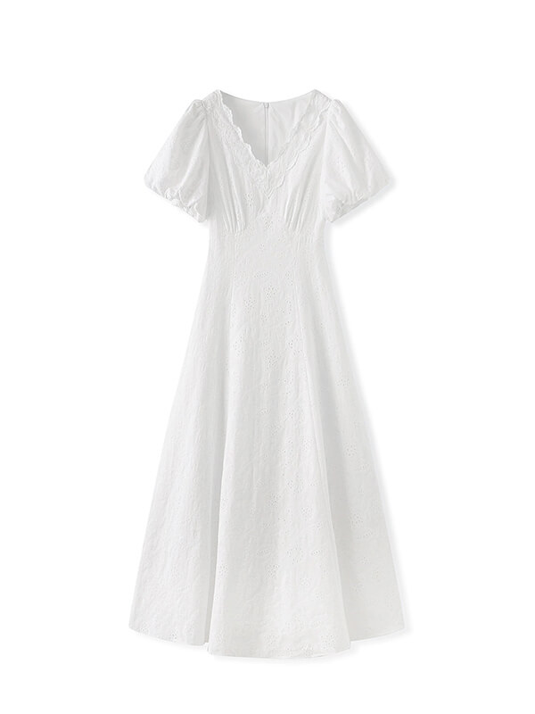White Cotton Puff-Sleeve Lace Trim Dress