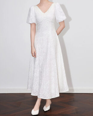 White Cotton Puff-Sleeve Lace Trim Dress