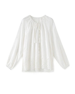 White Embroidered Fringe Tie-Front Shirt