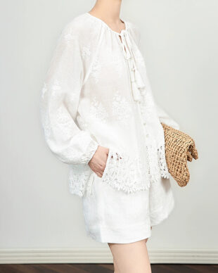White Embroidered Fringe Tie-Front Shirt
