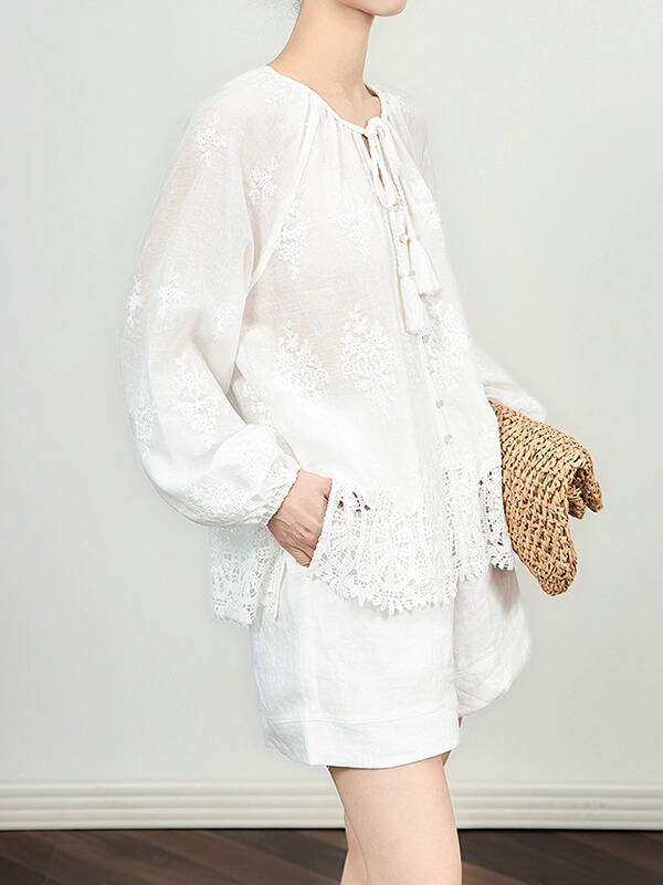 White Embroidered Fringe Tie-Front Shirt