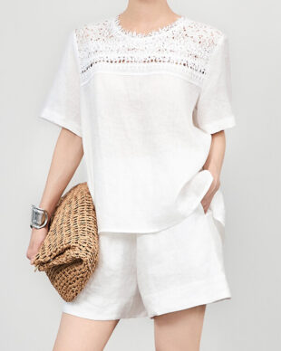 White Linen Lace Short-Sleeve Top