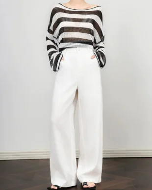 White Linen Wide-Leg Straight Pants