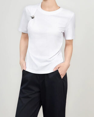 White Pleated Waist-Cinching Slim-Fit Tee