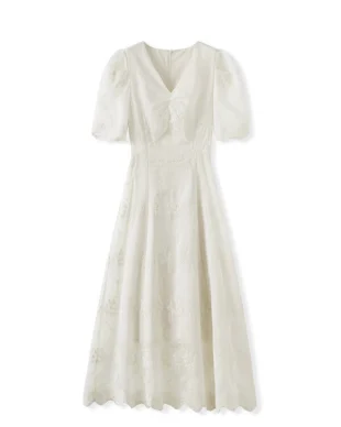 White Resort-Style Embroidered V-Neck Sundress