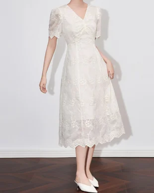 White Resort-Style Embroidered V-Neck Sundress