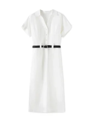 White Waist-Cinching Linen Shirt Dress