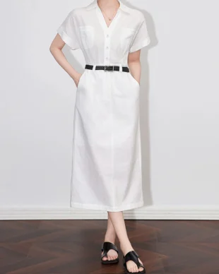 White Waist-Cinching Linen Shirt Dress