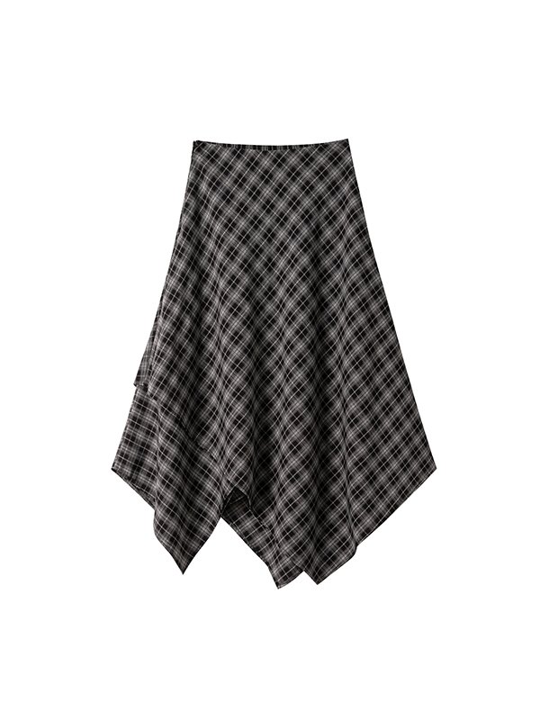 Handcrafted yarn-dyed linen-cotton skirt with diagonal checkerboard print, asymmetrical handkerchief hemline, and adjustable wrap waist for bohemian summer styling