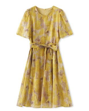 Yellow Printed A-Line Flared Dress