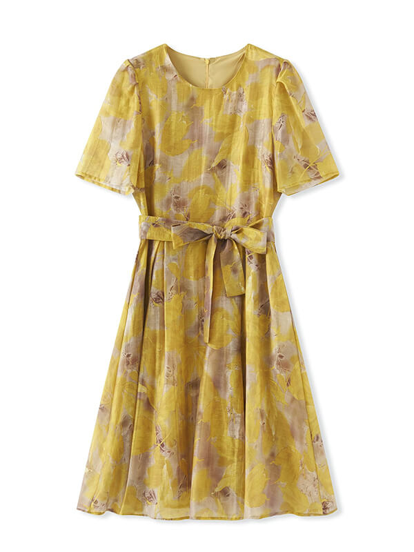 Yellow Printed A-Line Flared Dress