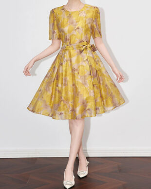 Yellow Printed A-Line Flared Dress