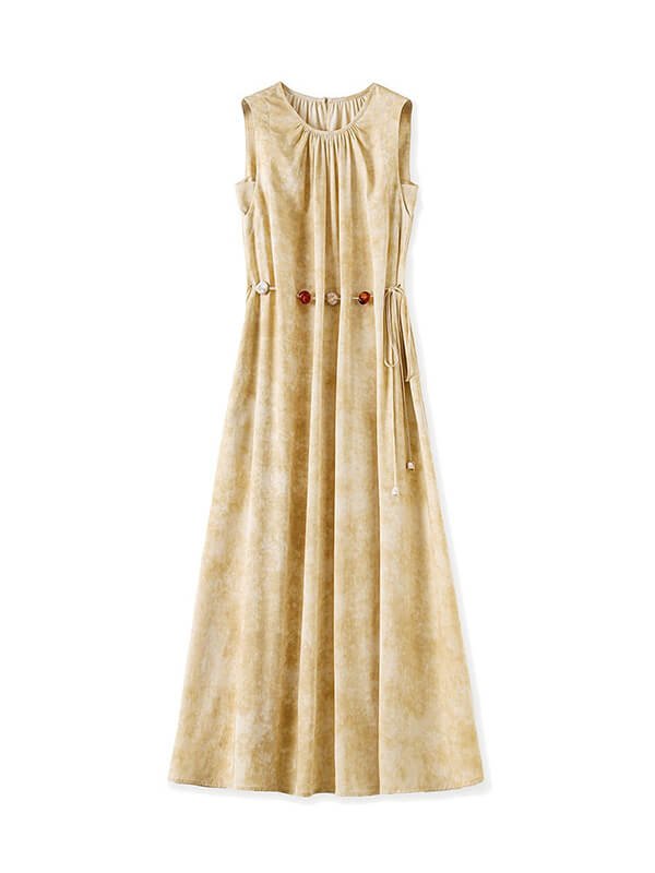 Yellow Tencel-Linen Resort Maxi Dress 1 Architectural yellow maxi in thermal-regulating Tencel-linen, featuring modular tie-draping and gusseted underarms for minimalist resort-to-boardroom versatility.