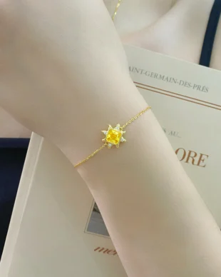 Artisan sunflower talisman bracelet - Ukrainian-inspired silver wheat chain with white zircon center