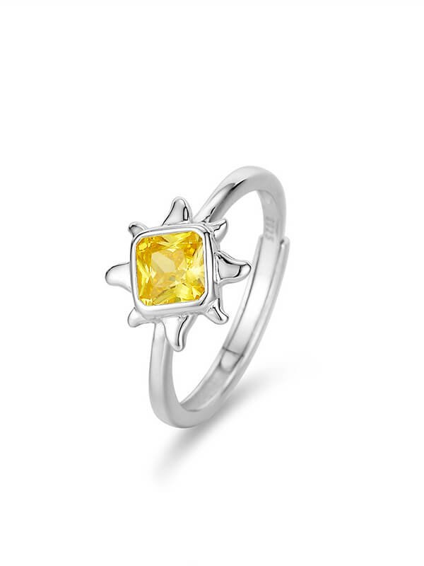 Botanical therapy ring - sunflower sterling silver band with white zircon petals