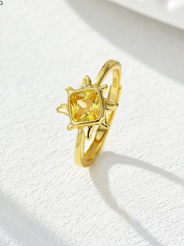 Adjustable sunflower stacking ring - white zircon floral accent in lightweight silver